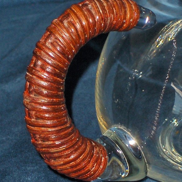 Vintage Clear Pitcher Wicker Handle Mid Century Modern Handmade Blown Glass - Picture 6 of 9